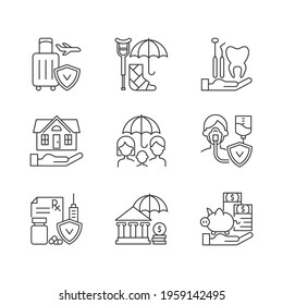 Insurance and protection linear icons set. Covering traveling costs. Dentist visit. Life policies. Customizable thin line contour symbols. Isolated vector outline illustrations. Editable stroke