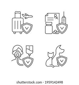 Insurance and protection linear icons set. Reimbursement for traveling expenses. High medicative costs. Customizable thin line contour symbols. Isolated vector outline illustrations. Editable stroke