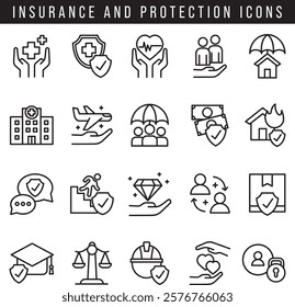 Insurance and protection - minimal thin line web icon set. Simple vector illustration