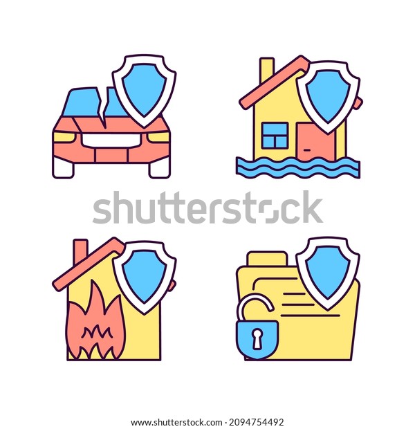 Insurance protection policy RGB color icons\
set. Guaranteed safety at accident. Policy covering different case\
types. Isolated vector illustrations. Simple filled line drawings\
collection