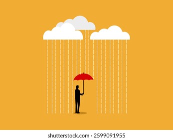 Insurance, Protection, Safety, Businessman holding a red umbrella in the rain