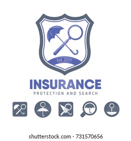 Insurance, protection, search. Magnifier and umbrella. Creative logo and icons