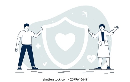 Insurance and protection. Security medical, health protect. People safe life, money or business. Man and woman stand with shield, recent vector concept