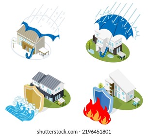 Insurance Protects Home From Natural Disaster, Four Different Types Set - Snowstorm, Storm, Fire, Tsunami