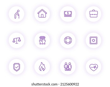 insurance purple color outline vector icons on light round buttons with purple shadow. insurance icon set for web, mobile apps, ui design and print