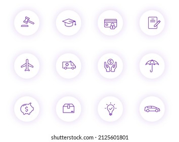 insurance purple color outline vector icons on light round buttons with purple shadow. insurance icon set for web, mobile apps, ui design and print