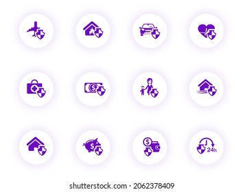 insurance purple color vector icons on light round buttons with purple shadow. insurance icon set for web, mobile apps, ui design and print