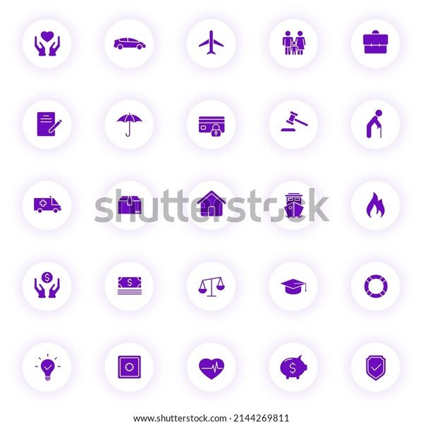 insurance purple color vector icons on light round\
buttons with purple shadow. insurance icon set for web, mobile\
apps, ui design and\
print