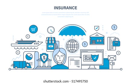 Insurance realty and property, insurance agent, guarantee security of financial deposits and savings, the insurance contract. Illustration thin line design of vector doodles, infographics elements.