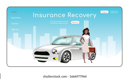 Insurance recovery landing page flat color vector template. Assurance company homepage layout. Legal service one page website interface with cartoon character. Insurance coverage web banner, webpage