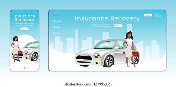 Insurance recovery responsive landing page vector template. Legal service homepage layout. One page website UI with cartoon character. Financial safety assurance adaptive webpage cross platform design