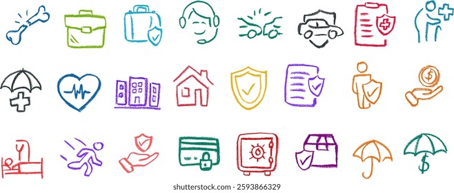 Insurance Related Icons Crayon Chalk Drawing Vector Set