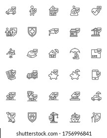 Insurance related line icons set. linear style symbols collection, outline signs pack. vector graphics. Set includes icons as life and property insurance, finance, car, construction, disaster, travel