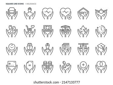 Insurance related, pixel perfect, editable stroke, up scalable square line vector icon set.