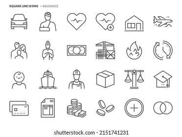 Insurance related, pixel perfect, editable stroke, up scalable square line vector icon set.