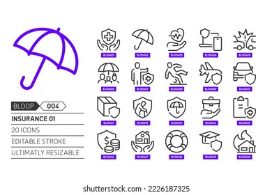 Insurance related, pixel perfect, editable stroke, up scalable, line, vector bloop icon set. 