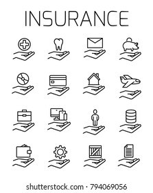 Insurance related vector icon set. Well-crafted sign in thin line style with editable stroke. Vector symbols isolated on a white background. Simple pictograms.