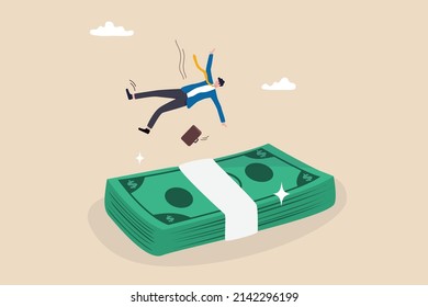 Insurance, reserve money or emergency fund on business failure, mistake or accident, compensation or money support and cushion concept, fail businessman falling on huge money banknotes safety cushion.