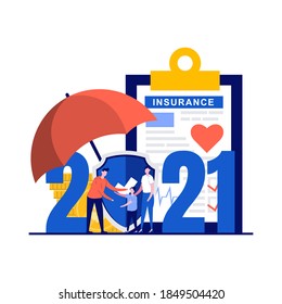 Insurance Resolutions For New 2021 Year Concept With Character. Family Health Insurance Plans. Modern Flat Style For Landing Page, Mobile App, Poster, Flyer, Web Banner, Infographics, Hero Images.