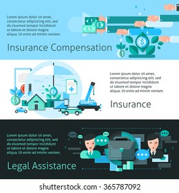 Insurance and risk horizontal banners set with compensation symbols flat isolated vector illustration 