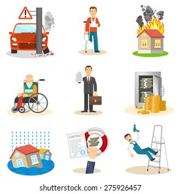  Insurance and risk insured event flat icons set on white background isolated vector illustration 