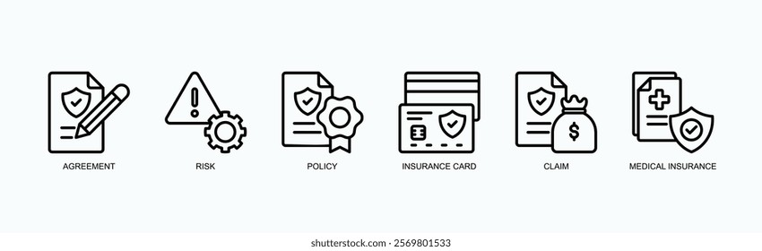 Insurance And Risk Management Icon Set Icon Set Isolated Vector Illustration Concept With Icon Of Agreement, Risk, Policy, Insurance Card, Claim, Medical Insurance In Outline Style