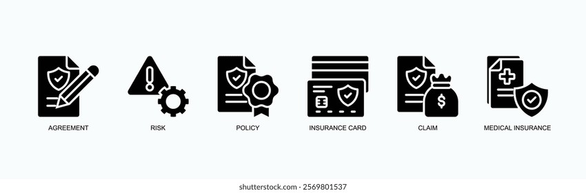 Insurance And Risk Management Icon Set Icon Set Isolated Vector Illustration Concept With Icon Of Agreement, Risk, Policy, Insurance Card, Claim, Medical Insurance In Glyph Style