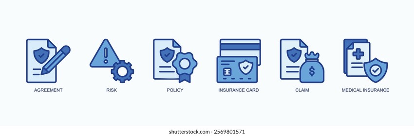 Insurance And Risk Management Icon Set Icon Set Isolated Vector Illustration Concept With Icon Of Agreement, Risk, Policy, Insurance Card, Claim, Medical Insurance In Blue Style