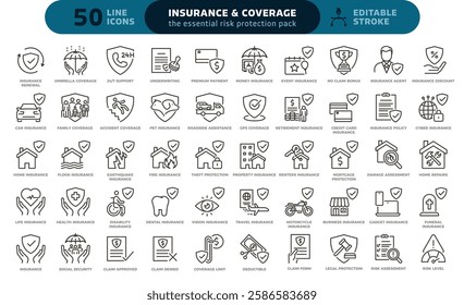 Insurance and risk protection icon set. Thin line editable stroke icons for financial security, personal and property insurance, risk management, legal coverage, and claims processing.
