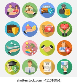 Insurance Round Flat Icons Set with Long Shadow for Poster, Web Site, Advertising like House, Car, Medical and Business. Vector illustration