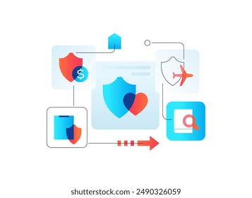Insurance and safety - flat design style illustration on white background. Financial, business, healthcare, flight and trips, home security. Legal services and contract protecting people from loss