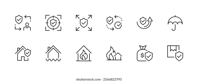 Insurance and safety icon collection. Shield, security, insurance, social security, safety, coverage, risk management and more. Editable stroke. Pixel Perfect. Grid base 32px.