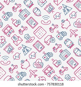 Insurance seamless pattern with thin line icons: health, life, car, house, savings. Modern vector illustration for banner, template of web page, print media.