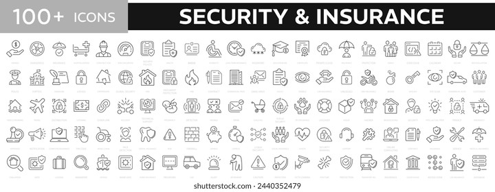 Insurance and security 100+ web icons set. Judgment, secure, protection, evaluation,Healthcare medical, life, car, home, travel insurance, safe, wounded, drown, repair icons. Vector illustration.