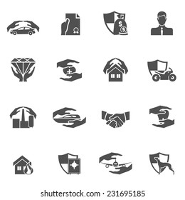 Insurance security icons black set of real estate property health car protection isolated vector illustration