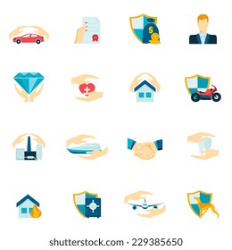 Insurance security icons flat set of medical property house protection isolated vector illustration