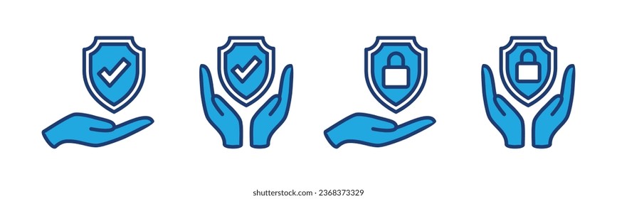 Iconos de seguridad de seguros. Riesgo seguro y seguridad, mano con protección de escudo, candado y símbolo de marca de verificación. Trazo editable. Ilustración del vector
