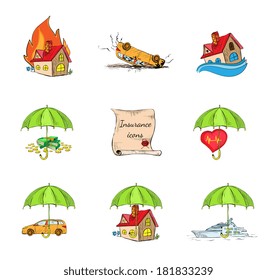 Insurance security icons set of risk accident fire and disaster events isolated hand drawn sketch vector illustration