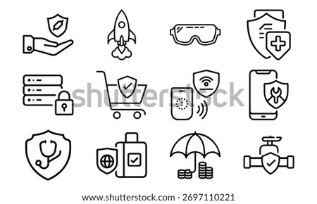 Insurance and Security Line Icon Set – Health Protection, Online Safety, Rocket Startup, Shopping Cart Security, Mobile Shield, Umbrella Insurance, and Financial Safety Vector Icons for Business and W