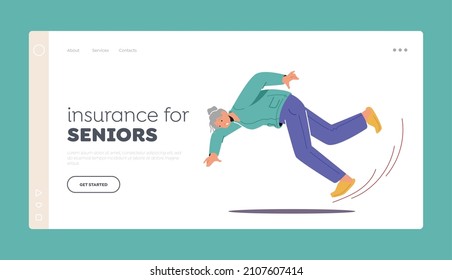 Insurance for Seniors Landing Page Template. Senior Female Character Slip on Wet Floor or Puddle Falling Down on the Ground, Old Woman Injury, Senility Carelessness. Cartoon People Vector Illustration