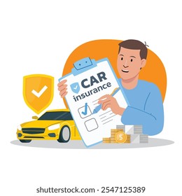 Insurance service, Car warranty graphic concept illustrate with car owner that is confident to safety and accident protection. Flat cartoon vector illustration.