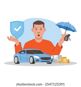 Insurance service, Car warranty graphic concept illustrate with car owner that is confident to safety and accident protection. Flat cartoon vector illustration.