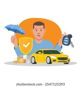 Insurance service, Car warranty graphic concept illustrate with car owner that is confident to safety and accident protection. Flat cartoon vector illustration.