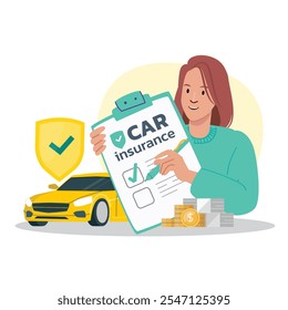 Insurance service, Car warranty graphic concept illustrate with car owner that is confident to safety and accident protection. Flat cartoon vector illustration.