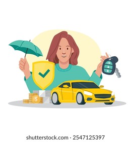 Insurance service, Car warranty graphic concept illustrate with car owner that is confident to safety and accident protection. Flat cartoon vector illustration.