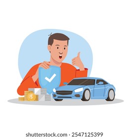 Insurance service, Car warranty graphic concept illustrate with car owner that is confident to safety and accident protection. Flat cartoon vector illustration.