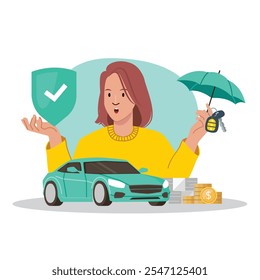 Insurance service, Car warranty graphic concept illustrate with car owner that is confident to safety and accident protection. Flat cartoon vector illustration.