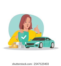 Insurance service, Car warranty graphic concept illustrate with car owner that is confident to safety and accident protection. Flat cartoon vector illustration.