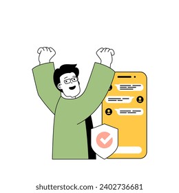Insurance service concept with cartoon people in flat design for web. Man applies for safety shield and chats with customer support. Vector illustration for social media banner, marketing material.