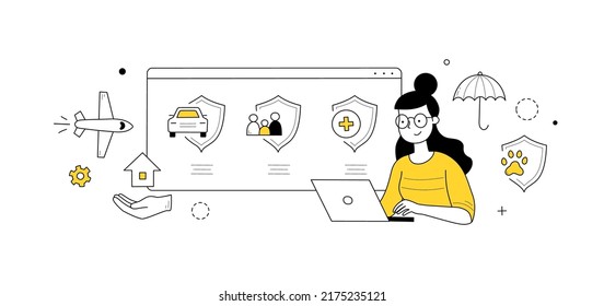 Concepto de doodle para el servicio de seguros. Las mujeres con portátil eligen la política de seguridad para la salud, la vida, la propiedad, la familia o la protección de mascotas, iconos de contorno. Ilustración de vector lineal de seguridad